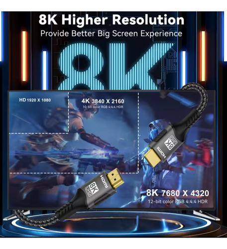 Cable Hdmi Reforzado 8k @ 60hz De 3 Metros Ultra Hd, 2.1v