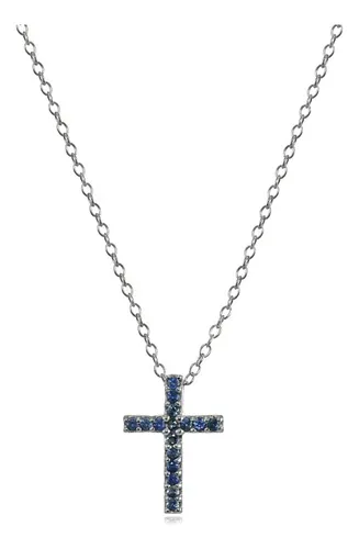 Collar De Cruz Para Mujeres O Niñas, Plata De Ley Con Azules
