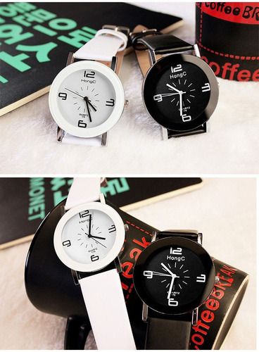 Juvenil Reloj Unisex Hombre O Mujer Imitacion Piel Suave Correa Negro Bisel Negro Fondo Blanco