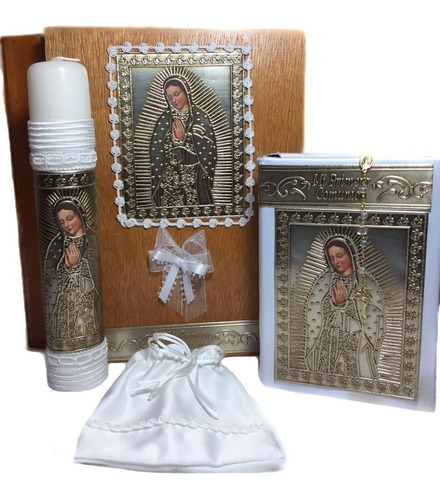 Kit Vela Primera Comunión Madera Virgen Biblia Rosario Niña