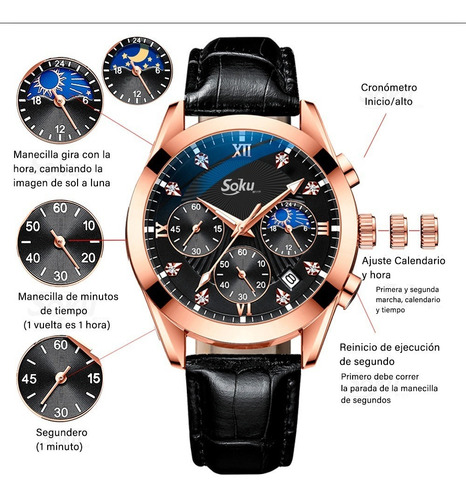 Reloj Cuero Cronometro Real Fechador Original Impermeable Color De La Correa Negro