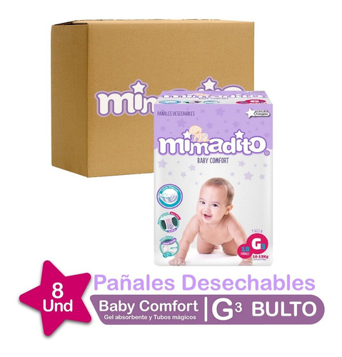  Pañales Bebé Mimadito Baby Comfort Talla G Bulto 8 Und