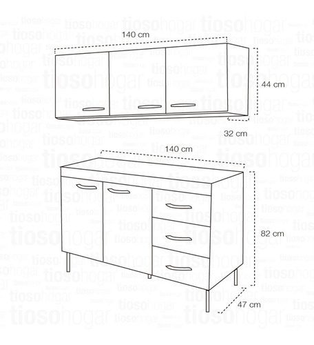 Imagen 4 de 10 de Combo Bajo Mesada + Alacena 3 Puertas 1.40 M. Colores Stock
