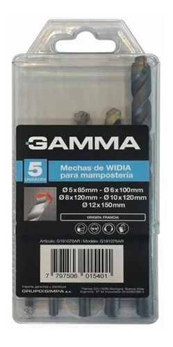 Imagen 1 de 6 de Set De 5 Mechas Para Mampostería De Widia Gamma G191076
