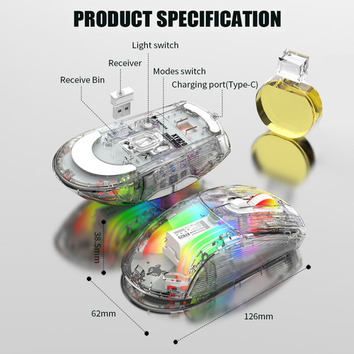 Ratón Inalámbrico Rgb Transparente De 3 Modos Bt5.0 Para Jue