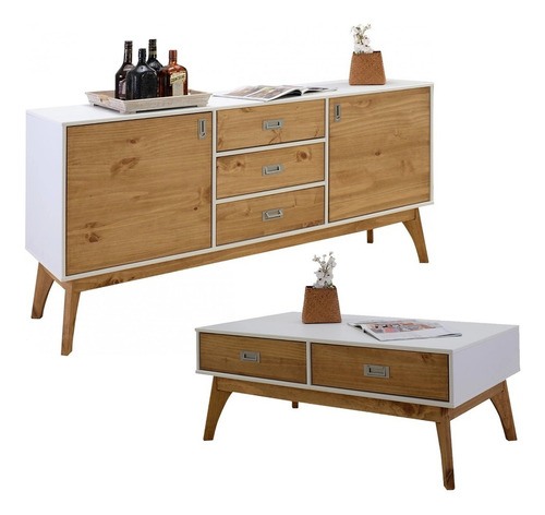 Promo Aparador + Mesa Ratona - Mueble Bargueño M- Living Lcm Color Blanco/miel