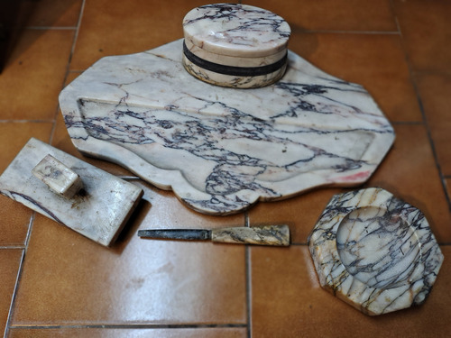 Tintero De Mármol Antiguo Con Set Para Escritorio (Usado)