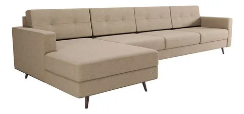 comprar Sofá 4 Lugares Living Com Chaise Esquerdo Pé Palito Linho... Cor Marrom-claro