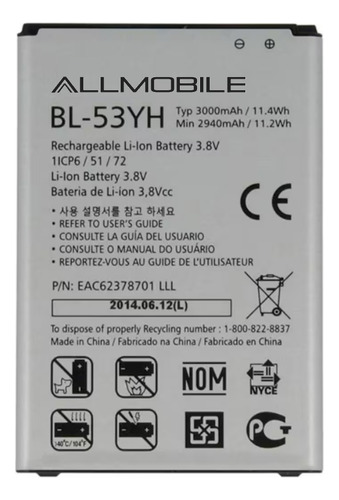 Pila Bateria Ion Litio Bl-53yh Para LG G3 D855 Vs985 D693