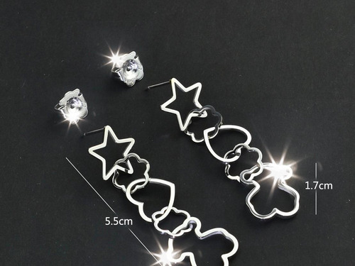 Aretes Osito Largos Star Heart Acero Inoxidable Oso