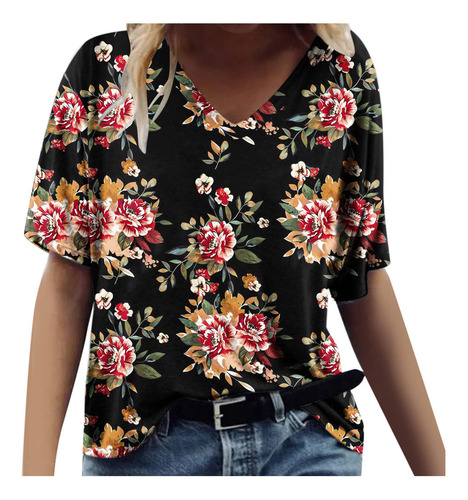 Camiseta Manga Corta Cuello V Estampado Moda Para Mujer 2 E