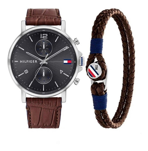 Gift Set Reloj Hombre Tommy Hilfiger + Pulsera Cuero 2770076 Color de la malla Marrón Color del bisel Plateado Color del fondo Gris oscuro