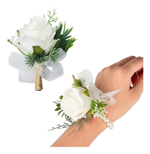 Pulsera Ramillete Rosa Blanca Para Hombre Diseño Flor Muñeca