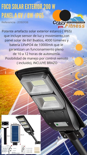 Imagen 2 de 10 de Foco Solar Led 200w Exterior C/ Sensor Y Control + Brazo Pro