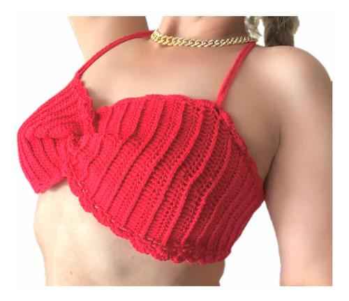 Crop Top Traje De Baño Tejido A Crochet Talla S/m/l Rojo