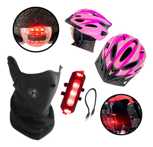 Kit Casco Bicicleta Look + 1luz Roja+ 1mascara Facial 