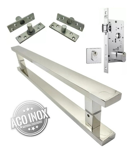 Puxador Aço Inox 1 Metro + Fechadura + Dobradiça Pivotante Cor Polido Brilhante