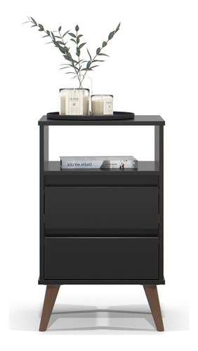 Mesa De Cabeceira Pés Retrô 2 Gavetas 43cm Roma Preto