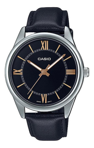 Reloj de pulsera Casio Enticer MTP-V005 de cuerpo color plateado, analógico, para hombre, fondo negro, con correa de cuero color negro, agujas color dorado y blanco, dial dorado, minutero/segundero blanco, bisel color plateado y hebilla simple