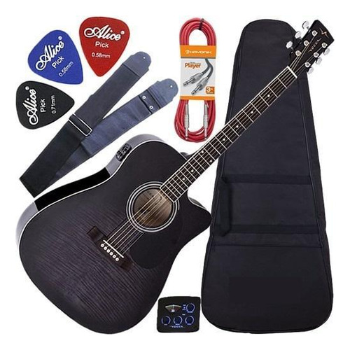 Kit Violão Folk Eletroacústico Aço Eq 3 Bandas Vck370 Vogga