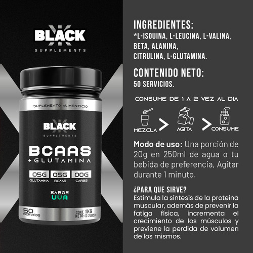 Black Supplements Aminoácidos Bcaas + Glutamina 1kg Uva
