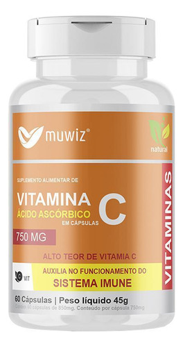 Vitamina C, ácido ascórbico, 60 cápsulas, 750 mg, Muwiz, 5 botes