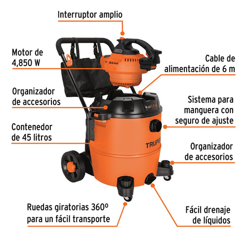 Aspiradora MANO Truper ASP-16S 60L naranja