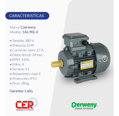 Motor Czerweny Trifasico Modelo 1al-90l-4 2hp 1500 Rpm 380v