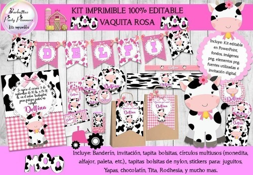 Kit Imprimible Candy Bar Vaca Vaquita Rosa 100% Editable