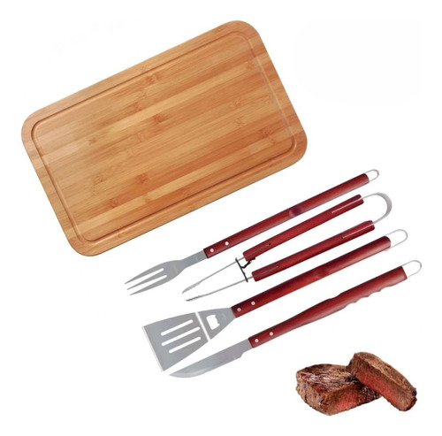 Kit Tábua Para Cortar Carne 50x30cm + Garfo + Faca + Pegador