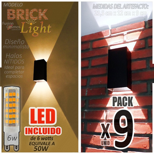 Aplique Interior Bidireccional Efecto Luz C/ Led 6w Pack X9 Superbrillante Iluminacion Hierro Living Comedor Bipin  