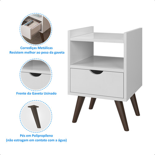 Mesa De Cabeceira 1 Gaveta Nicho Pés Retrô Alice Cor Branco