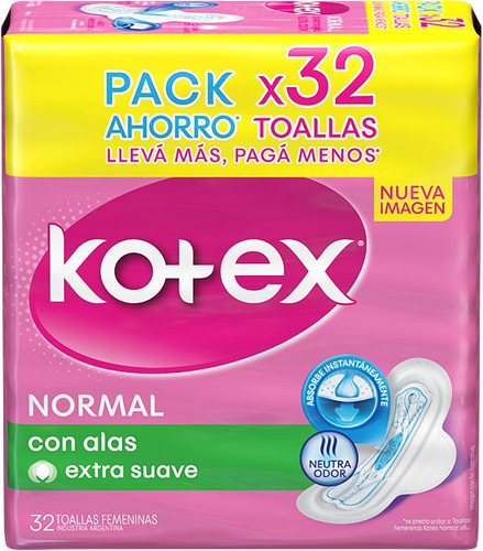 Toallitas femeninas Kotex Normal con alas 32 u
