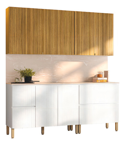 Armário De Cozinha Completa Com Balcão Art Kit’s Paraná 8 Portas 3 Gavetas Madeirado e Branco