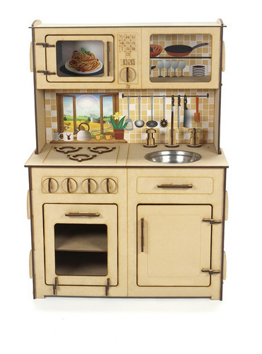 Cocina De Madera Con Heladera Y Lavarropas Infantil Cocinita Color Marrón