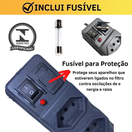Filtro De Linha 1 Metro Extensão Elétrica 6 Tomadas Bivolt