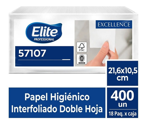 Imagen 1 de 3 de Papel Higiénico Interfoliado, Doble Hoja, Elite, 18x 400un