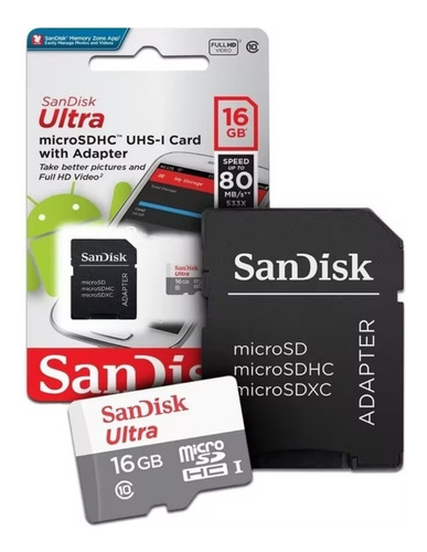 Imagen 2 de 3 de Tarjeta Memoria 16gb Clase 10 Sandisk Ultra C/adaptador Sd