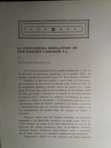 Enciclopedia Rioplatense De José Sánchez Labrador X Furlong 