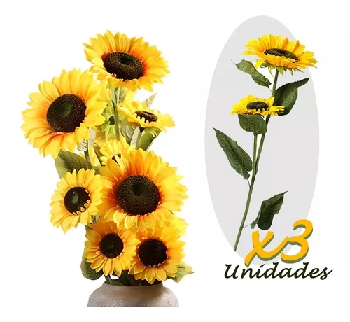 Girasoles Artificiales X3 Decorativos 1 Tallo Con 2 Flores