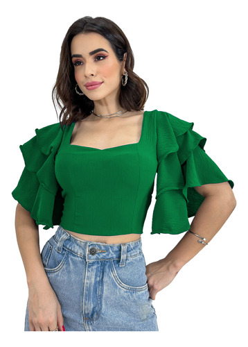 Cropped Blusa Feminina Manga Curta Babado De Amarrar Duna