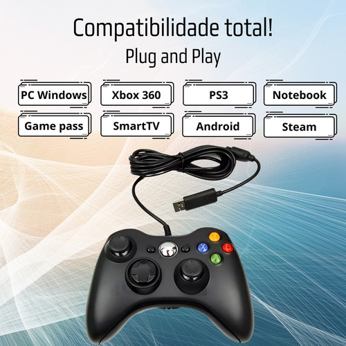 Controle Usb Com Fio Para Xbox 360 Computador Ps3 Gamepass Preto