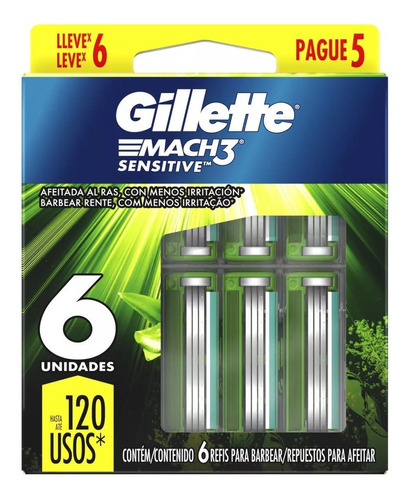 Carga Lâmina De Barbear Gillette Sensitive Mach3 6 Unidades