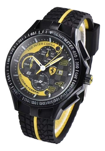 Reloj Calendar Sport Racing De Silicona, Color Amarillo