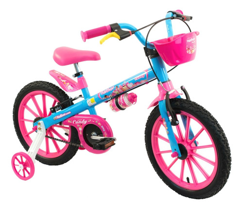 Bicicleta Menina Bicicletinha Aro 16 Infantil Candy - Nathor Cor Azul-celeste/Rosa