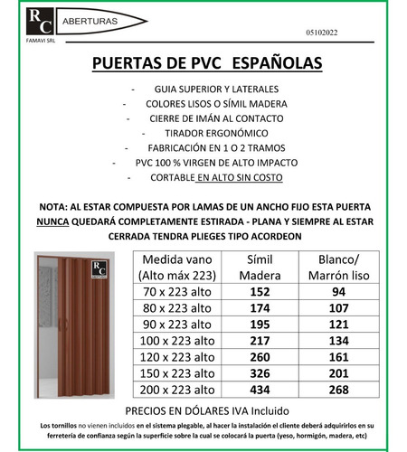 Puerta Plegable Premium Pvc Española Blanco 80 X 223 Alto