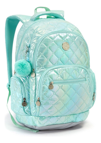 Mochila Feminina Escolar Juvenil Metalizada Metelassê Pompom Cor Verde