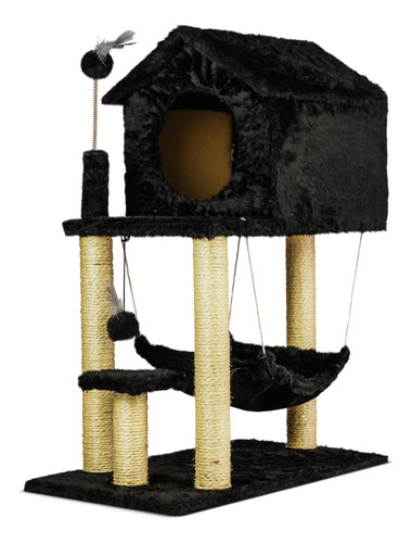Arranhador Para Gato Com Casinha, Rede E Brinquedos Cor Preto