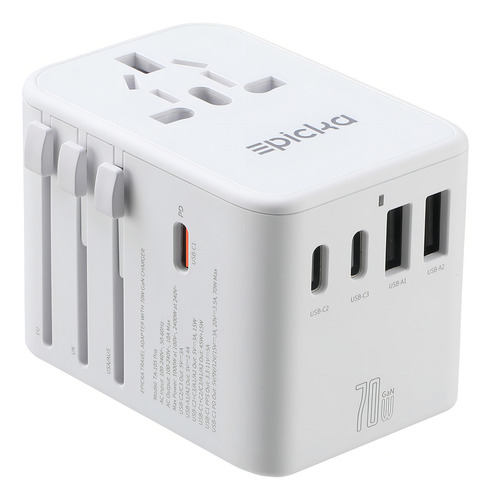 Epicka Adaptador de Viaje Universal Adaptador de Enchufe Internacional Gan Con 3 Usbc Carga Rápida Pd 70w y 2 Usba Cargador de Pared Todo en uno Para Usa Ue Reino Unido Aus Blanco 127V