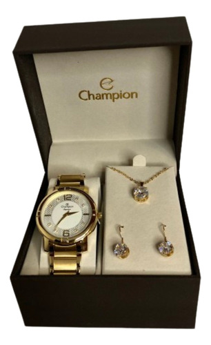 Relógio Feminino Champion Dourado Kit Colar Brincos Cn25252w